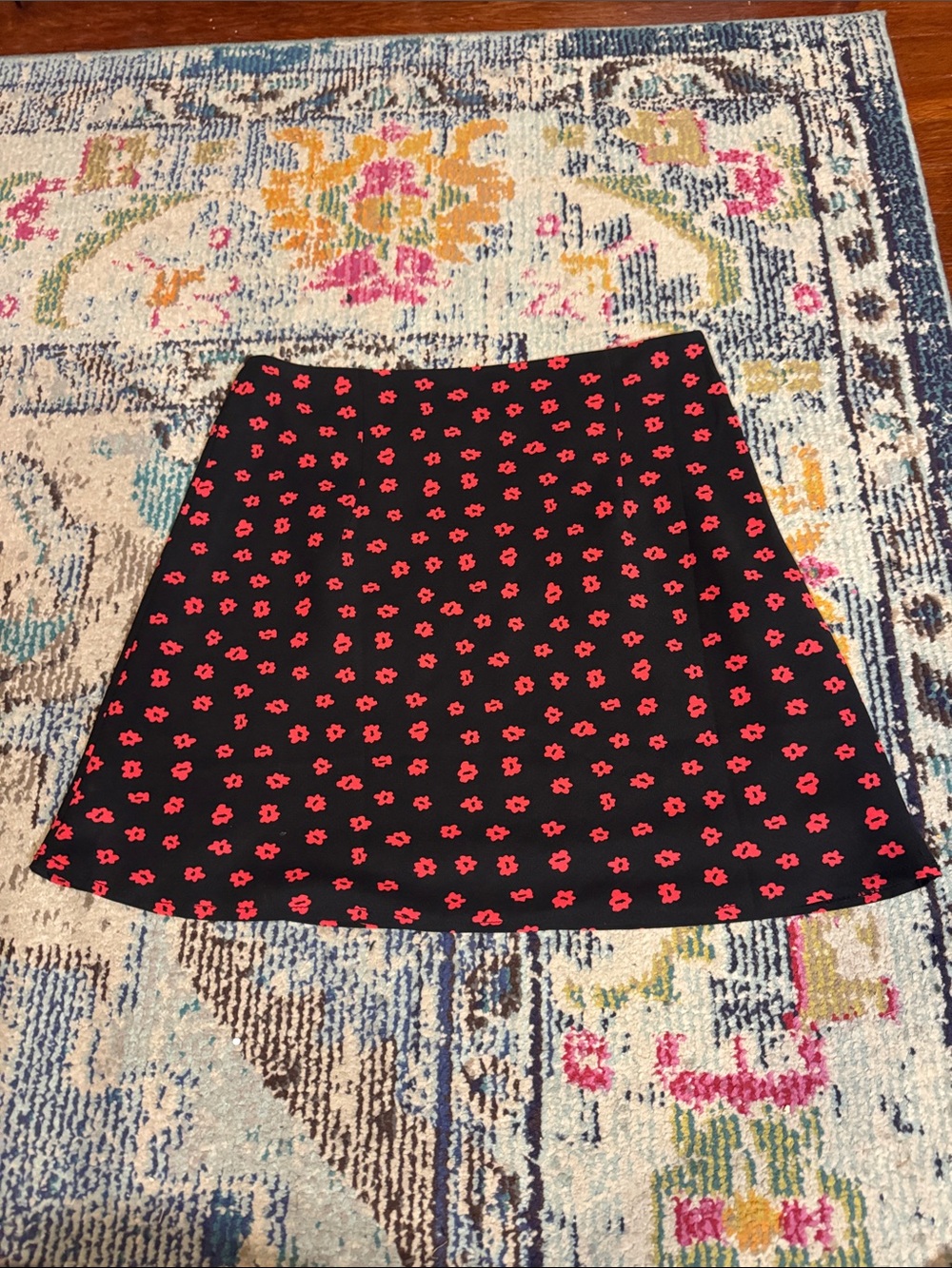 Black A-Line Mini Skirt with Pink Floral Print